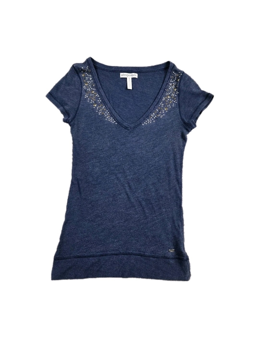 Y2k Aeropostale Babydoll Tee Navy Blue Knit Studded Shoulder Short Sleeve Size M